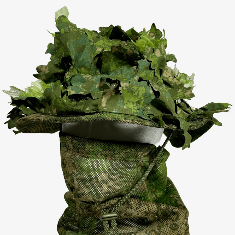 KMCS Boonie Hat, featuring a camouflage design with a wide brim for outdoor concealment and protection.