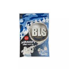 BLS BBS 0.36g airsoft BBs, showing a bottle of precision plastic BB ammunition for airsoft use."