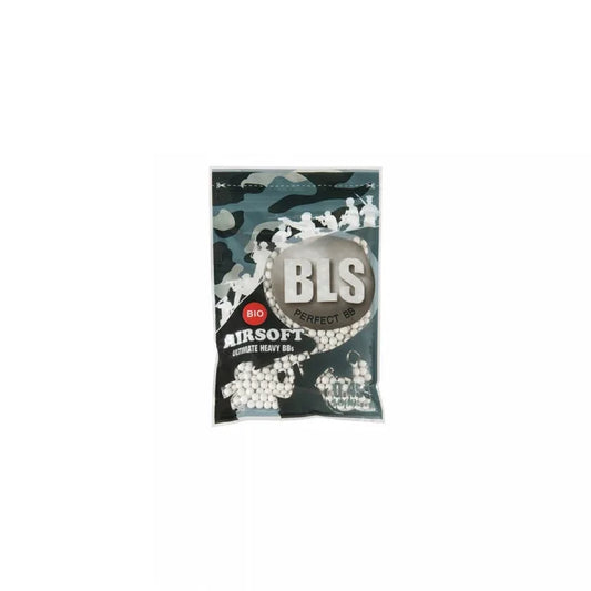 BLS BBS 0.45g airsoft BBs, showing a bottle of precision plastic BB ammunition for airsoft use."