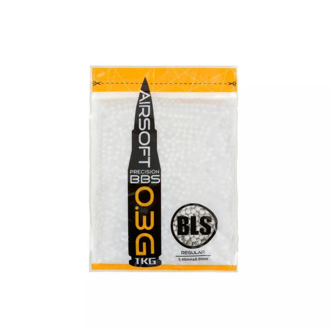 BLS BBS 0.30g airsoft BBs, showing a bottle of precision plastic BB ammunition for airsoft use."