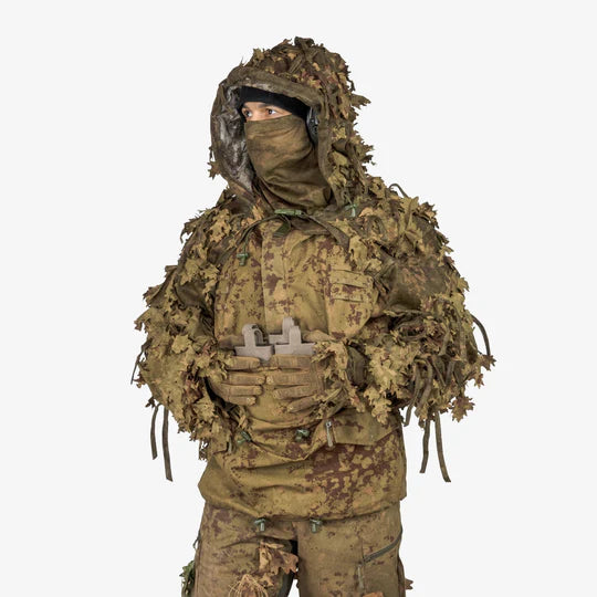 KMCS Cobra Hood, featuring a camouflage hood design with natural foliage-style elements for outdoor concealment.
