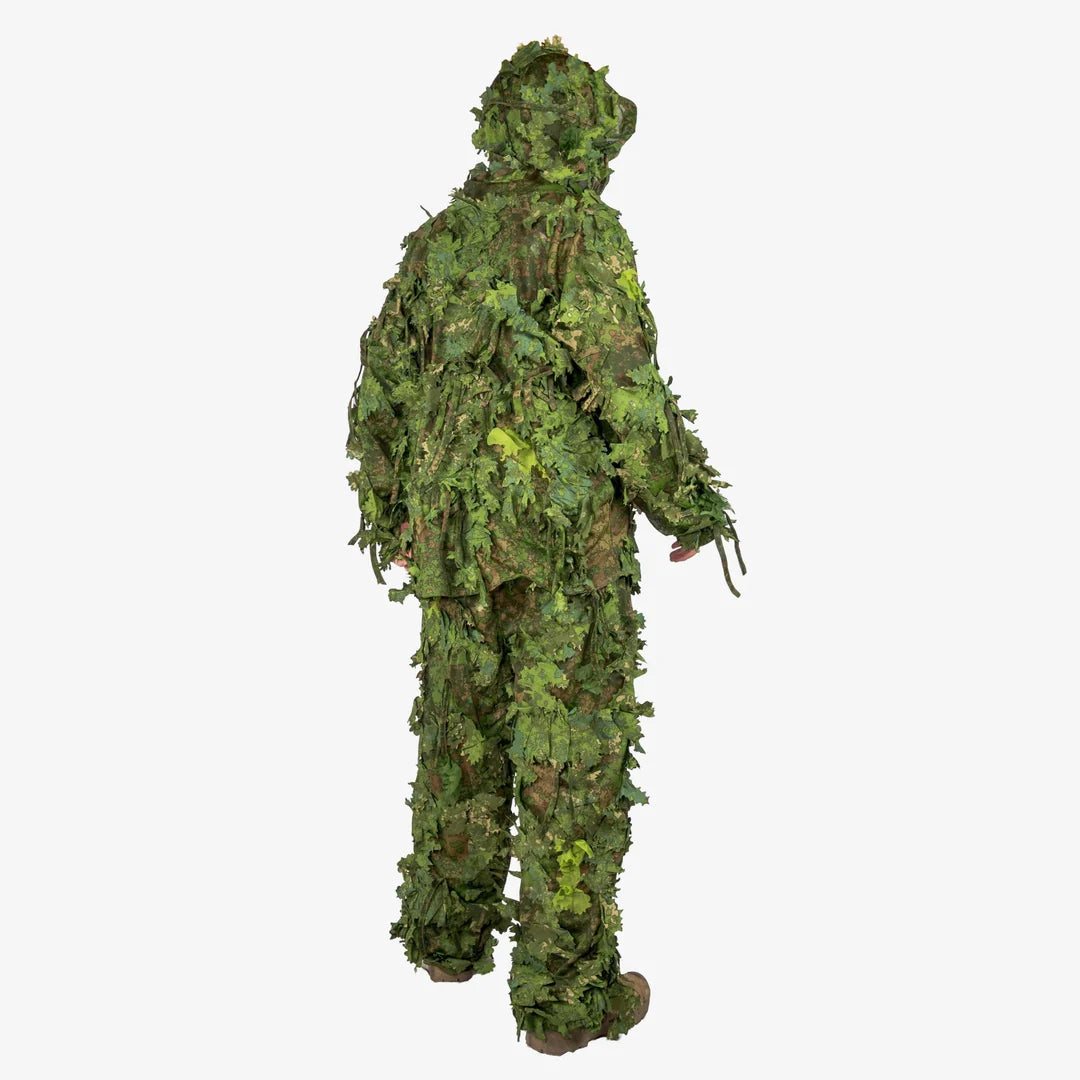 KMCS Ghillie Suit Green, featuring green camouflage elements and a leaf-style texture for outdoor concealment."