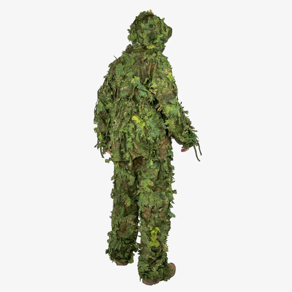 KMCS Ghillie Suit Green, featuring green camouflage elements and a leaf-style texture for outdoor concealment."