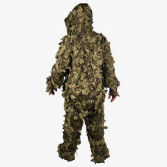 KMCS Ghillie Suit Oakland, featuring green and brown camouflage elements with a leaf-style texture for outdoor concealment.