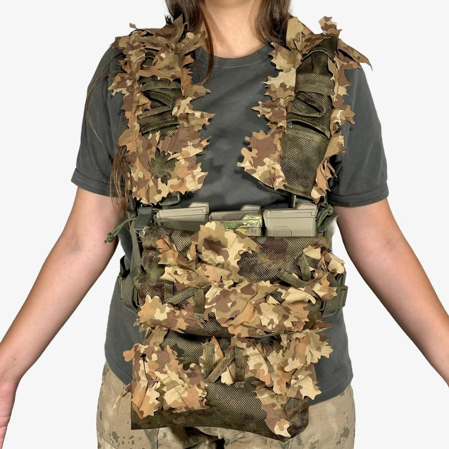 KMCS Chest Rig Cover, featuring a camouflage cover designed to conceal and customize tactical chest rigs.