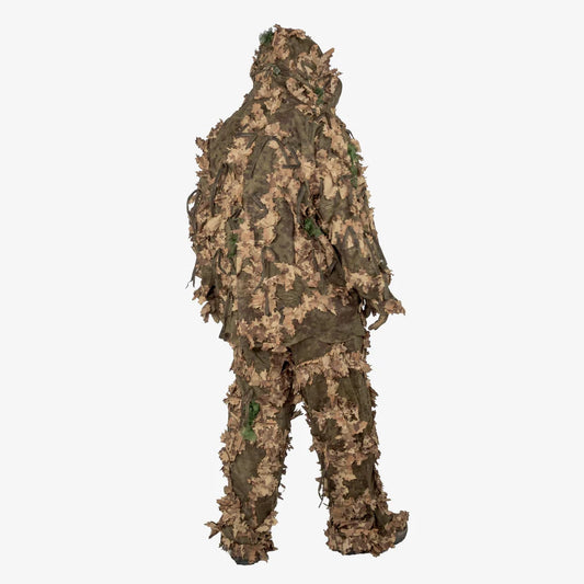 "KMCS Ghillie Suit Oakland camouflage suit with leaf-style texture in green and brown tones, shown on a neutral background.