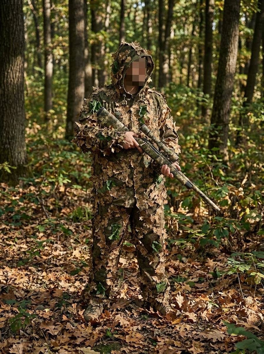 "KMCS Ghillie Suit Oakland camouflage suit with leaf-style texture in green and brown tones, shown on a neutral background.