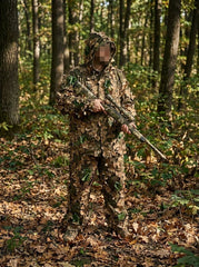 "KMCS Ghillie Suit Oakland camouflage suit with leaf-style texture in green and brown tones, shown on a neutral background.
