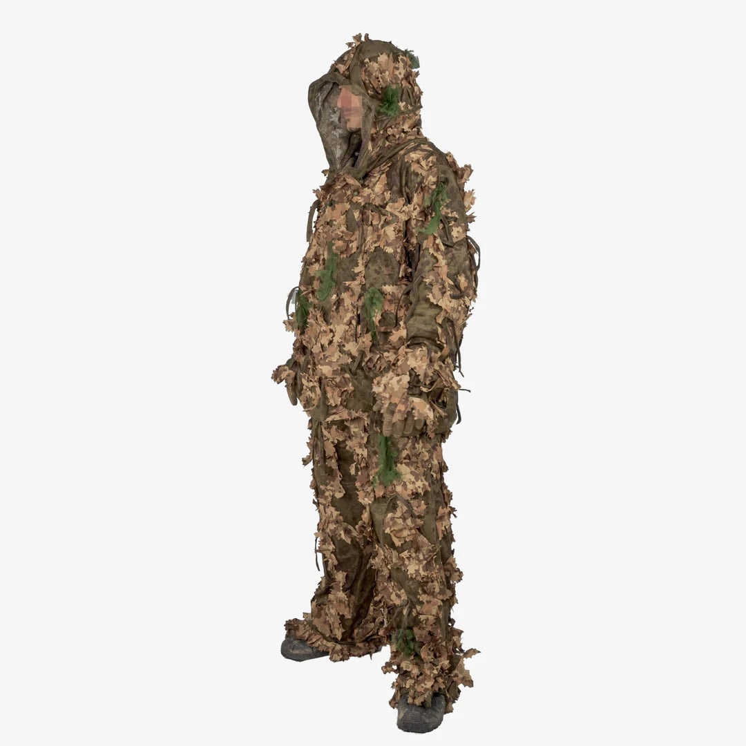 "KMCS Ghillie Suit Oakland camouflage suit with leaf-style texture in green and brown tones, shown on a neutral background.