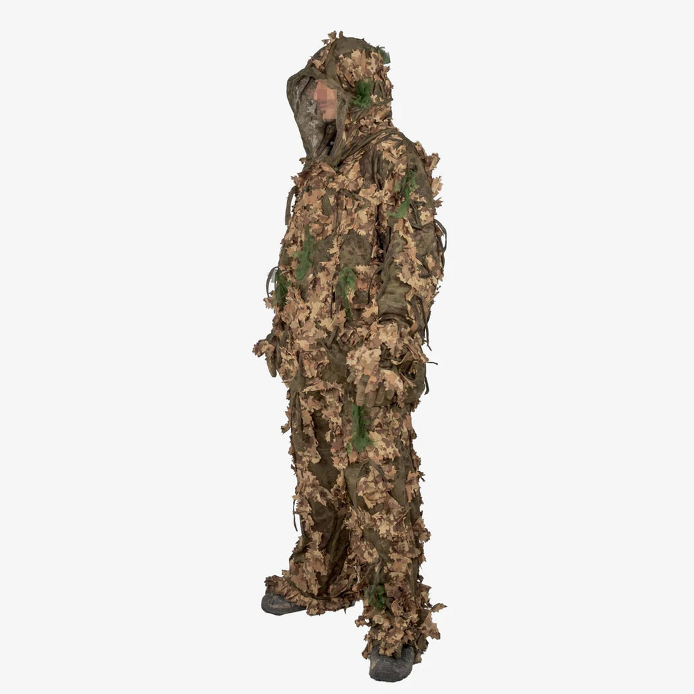 "KMCS Ghillie Suit Oakland camouflage suit with leaf-style texture in green and brown tones, shown on a neutral background.