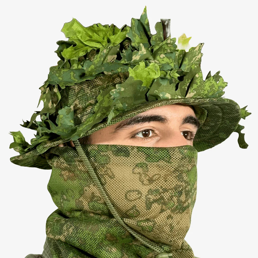 KMCS Boonie Hat, featuring a camouflage design with a wide brim for outdoor concealment and protection.