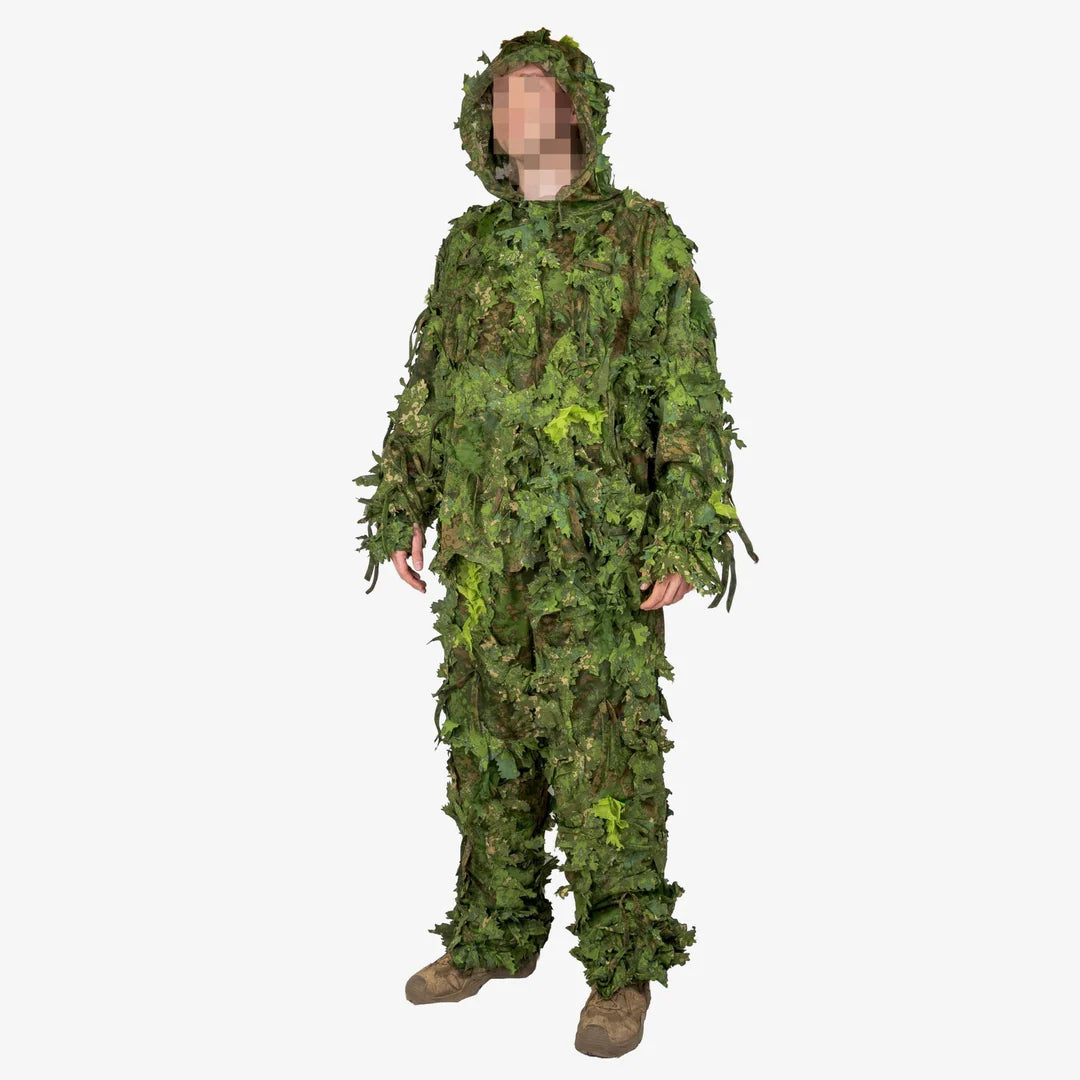 KMCS Ghillie Suit Green, featuring green camouflage elements and a leaf-style texture for outdoor concealment."
