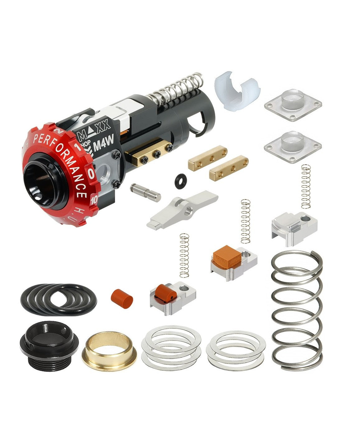 Maxx Model CNC Hop-up Chamber M4W for MTW – exploded view showing all included components and hardware