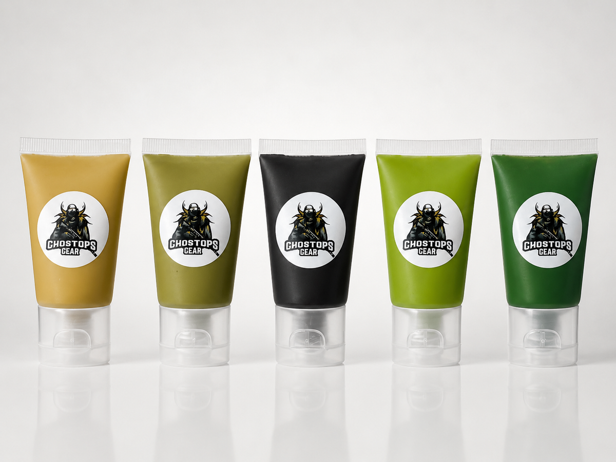 camouflage paint, showing a set of camo-colored paints designed for outdoor concealment and gear customization.