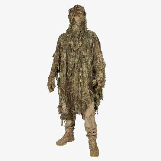 KMCS Ultra-Lite Ghillie Suit, featuring lightweight camouflage material with natural foliage-style elements for outdoor concealment